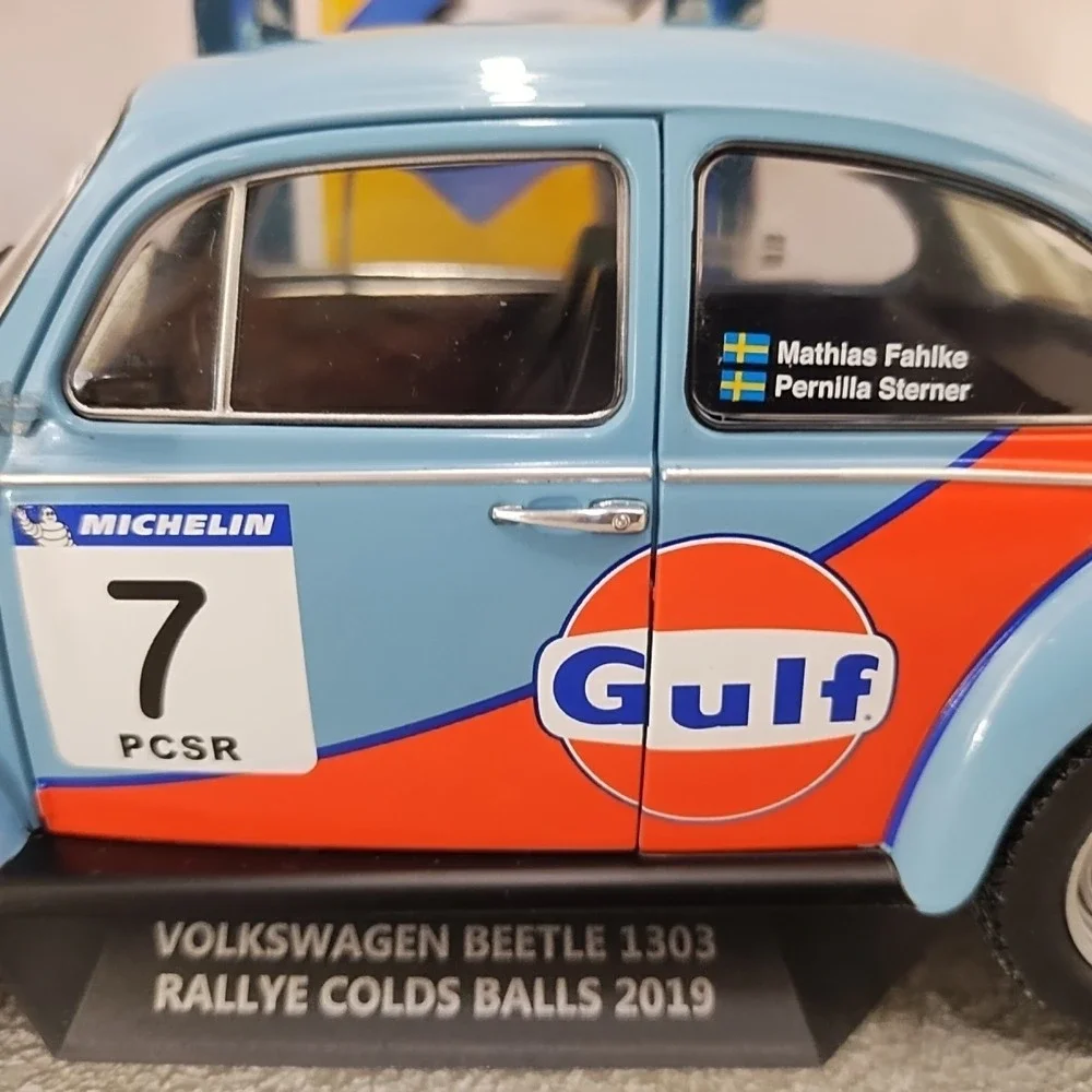 1:18 Solido Diecast Blue Volkswagen Beetle 1303 #7 GULF Rally Cold Balls 2019